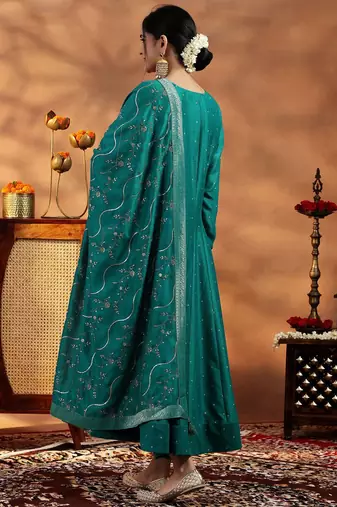 Sea Green Silk Blend Sequin Embroidered Anarkali Kurta With Trousers & Dupatta