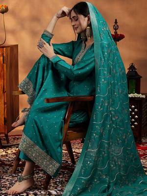 Sea Green Silk Blend Sequin Embroidered Anarkali Kurta With Trousers & Dupatta 5