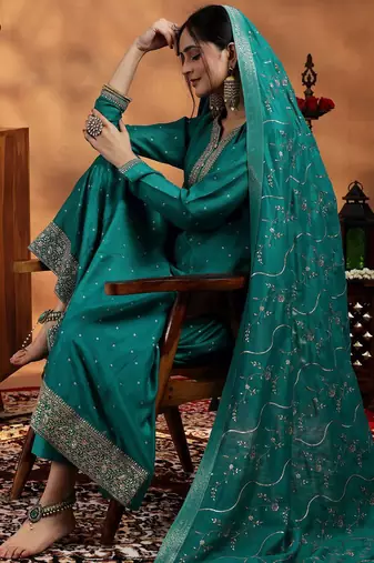 Sea Green Silk Blend Sequin Embroidered Anarkali Kurta With Trousers & Dupatta