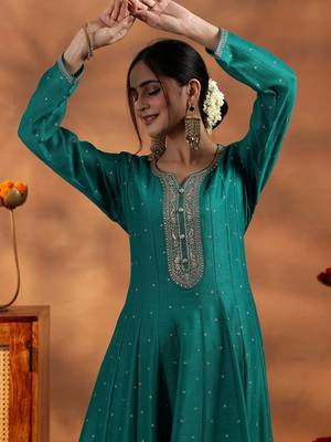 Sea Green Silk Blend Sequin Embroidered Anarkali Kurta With Trousers & Dupatta 6