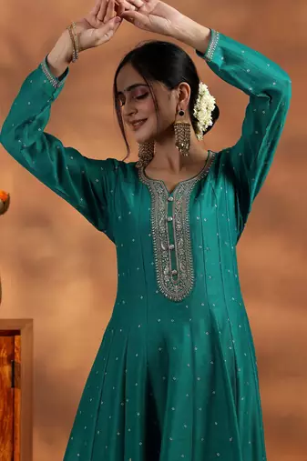 Sea Green Silk Blend Sequin Embroidered Anarkali Kurta With Trousers & Dupatta