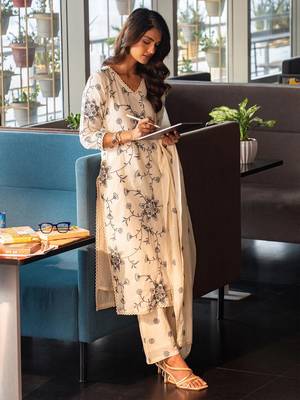 Off White Cotton Floral Embroidered Regular Kurta with Trousers & With Dupatta 1