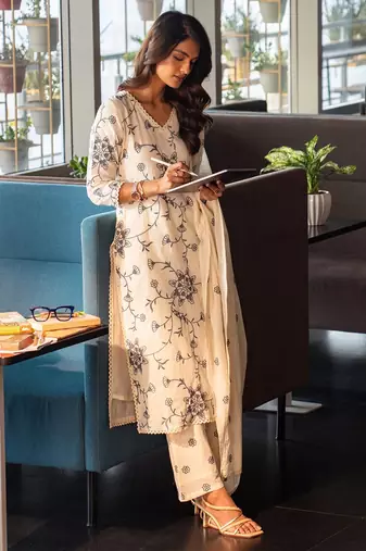 Off White Cotton Floral Embroidered Regular Kurta with Trousers & With Dupatta