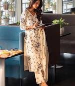 Off White Cotton Floral Embroidered Regular Kurta with Trousers & With Dupatta