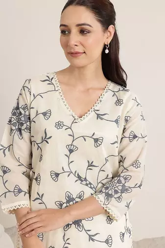 Off White Cotton Floral Embroidered Regular Kurta with Trousers & With Dupatta