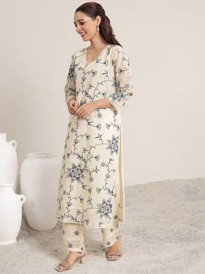 Off White Cotton Floral Embroidered Regular Kurta with Trousers & With Dupatta 3