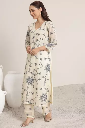 Off White Cotton Floral Embroidered Regular Kurta with Trousers & With Dupatta