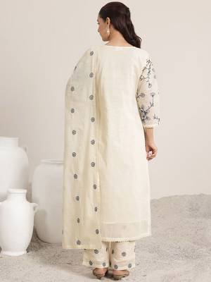 Off White Cotton Floral Embroidered Regular Kurta with Trousers & With Dupatta 4