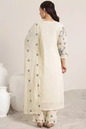 Off White Cotton Floral Embroidered Regular Kurta with Trousers & With Dupatta