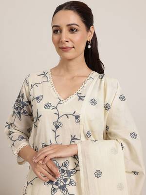 Off White Cotton Floral Embroidered Regular Kurta with Trousers & With Dupatta 5