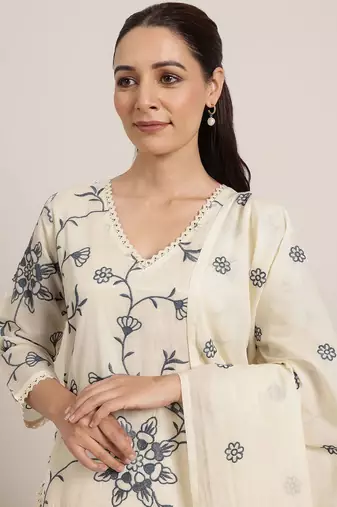 Off White Cotton Floral Embroidered Regular Kurta with Trousers & With Dupatta