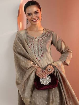 Beige Silk Blend Ethnic Motifs Embroidered Regular Thread Work Kurta with Trousers & With Dupatta 2