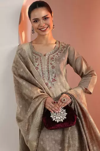 Beige Silk Blend Ethnic Motifs Embroidered Regular Thread Work Kurta with Trousers & With Dupatta