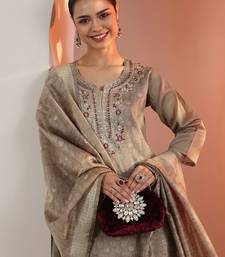 Beige Silk Blend Ethnic Motifs Embroidered Regular Thread Work Kurta with Trousers & With Dupatta
