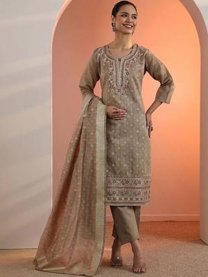 Beige Silk Blend Ethnic Motifs Embroidered Regular Thread Work Kurta with Trousers & With Dupatta 3