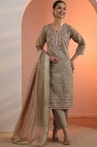 Beige Silk Blend Ethnic Motifs Embroidered Regular Thread Work Kurta with Trousers & With Dupatta