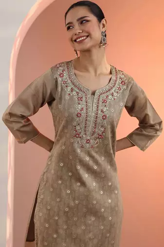 Beige Silk Blend Ethnic Motifs Embroidered Regular Thread Work Kurta with Trousers & With Dupatta