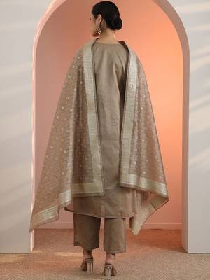Beige Silk Blend Ethnic Motifs Embroidered Regular Thread Work Kurta with Trousers & With Dupatta 6