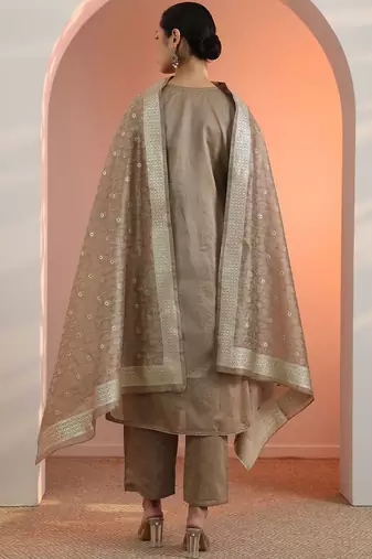 Beige Silk Blend Ethnic Motifs Embroidered Regular Thread Work Kurta with Trousers & With Dupatta