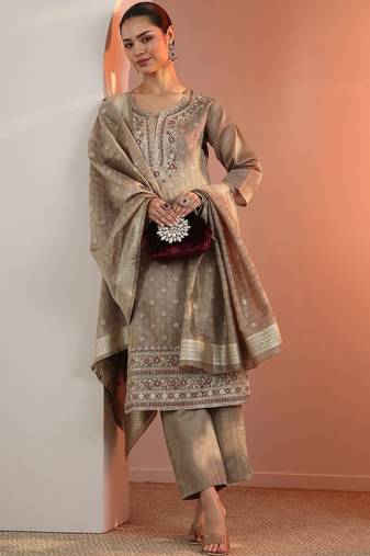 Beige Silk Blend Ethnic Motifs Embroidered Regular Thread Work Kurta with Trousers & With Dupatta