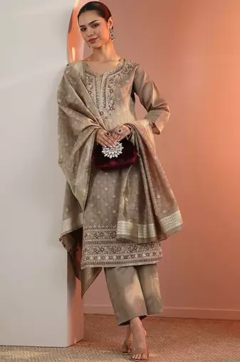 Beige Silk Blend Ethnic Motifs Embroidered Regular Thread Work Kurta with Trousers & With Dupatta