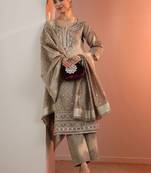 Beige Silk Blend Ethnic Motifs Embroidered Regular Thread Work Kurta with Trousers & With Dupatta
