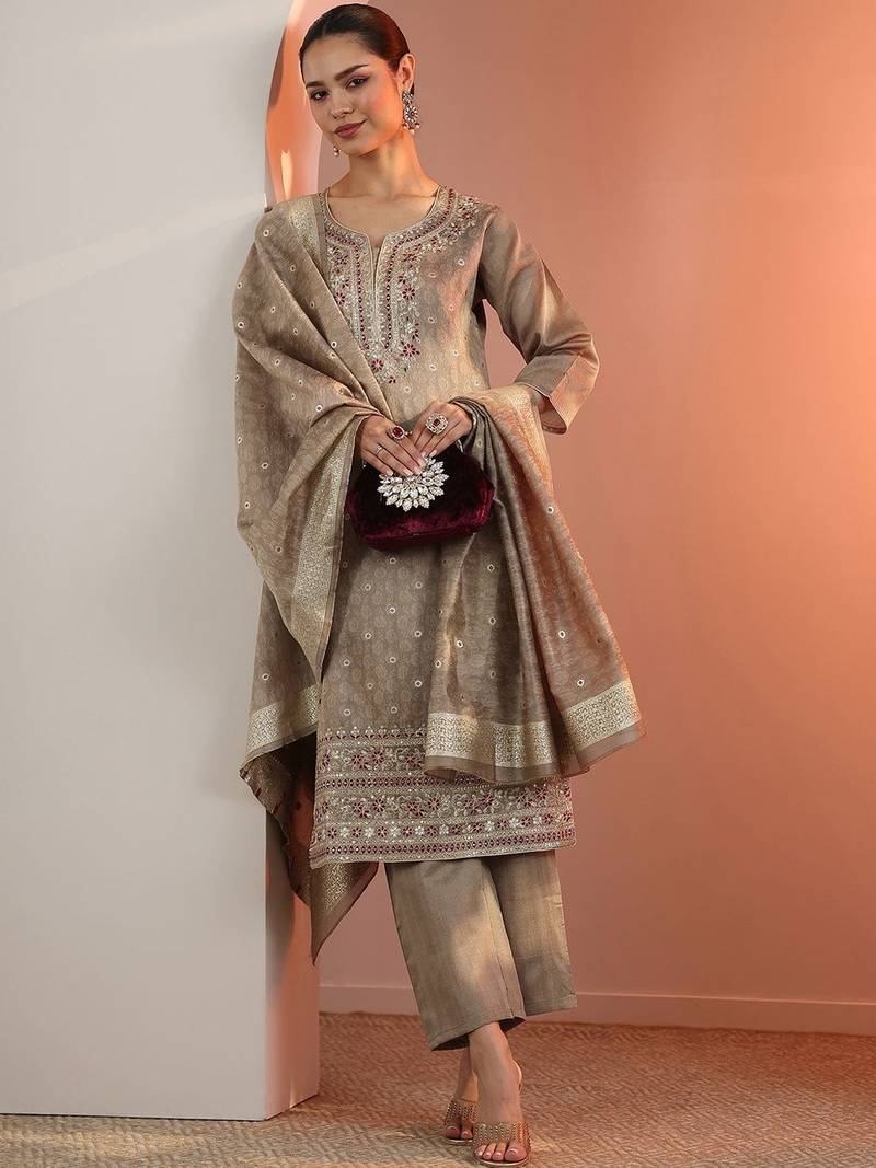 Beige Silk Blend Ethnic Motifs Embroidered Regular Thread Work Kurta with Trousers & With Dupatta