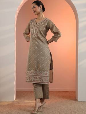 Beige Silk Blend Ethnic Motifs Embroidered Regular Thread Work Kurta with Trousers & With Dupatta 7