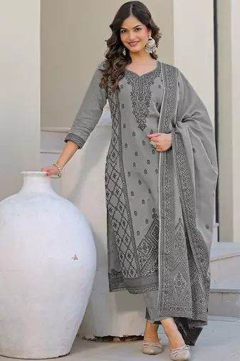 Grey Cotton Ethnic Motifs Embroidered Regular Thread Work Kurta with Trousers & With Dupatta
