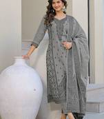 Grey Cotton Ethnic Motifs Embroidered Regular Thread Work Kurta with Trousers & With Dupatta