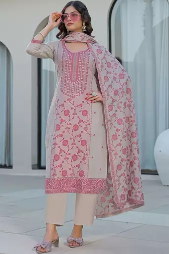 Beige Cotton Ethnic Motifs Embroidered Regular Thread Work Kurta with Trousers & With Dupatta