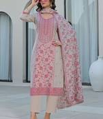 Beige Cotton Ethnic Motifs Embroidered Regular Thread Work Kurta with Trousers & With Dupatta