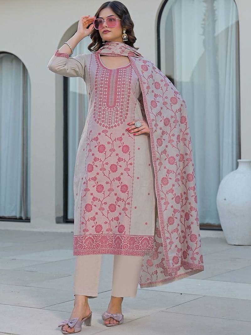 Beige Cotton Ethnic Motifs Embroidered Regular Thread Work Kurta with Trousers & With Dupatta
