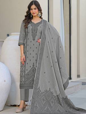 Grey Cotton Ethnic Motifs Embroidered Regular Thread Work Kurta with Trousers & With Dupatta 2