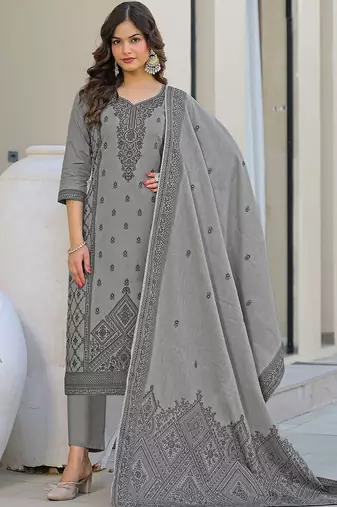 Grey Cotton Ethnic Motifs Embroidered Regular Thread Work Kurta with Trousers & With Dupatta