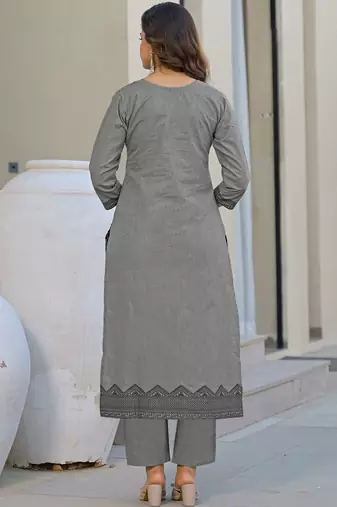 Grey Cotton Ethnic Motifs Embroidered Regular Thread Work Kurta with Trousers & With Dupatta