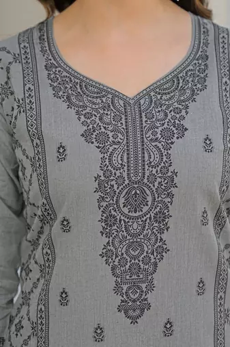 Grey Cotton Ethnic Motifs Embroidered Regular Thread Work Kurta with Trousers & With Dupatta