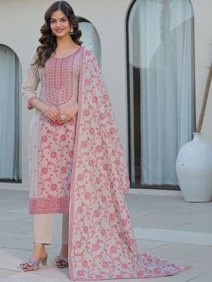 Beige Cotton Ethnic Motifs Embroidered Regular Thread Work Kurta with Trousers & With Dupatta 2