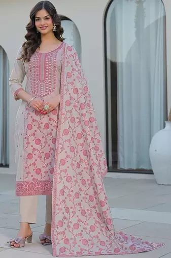 Beige Cotton Ethnic Motifs Embroidered Regular Thread Work Kurta with Trousers & With Dupatta