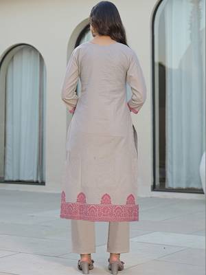 Beige Cotton Ethnic Motifs Embroidered Regular Thread Work Kurta with Trousers & With Dupatta 3