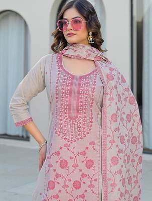 Beige Cotton Ethnic Motifs Embroidered Regular Thread Work Kurta with Trousers & With Dupatta 5