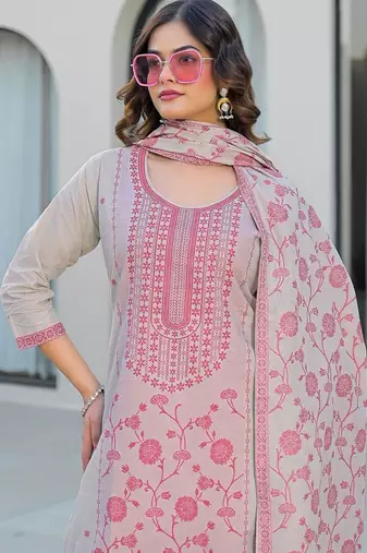 Beige Cotton Ethnic Motifs Embroidered Regular Thread Work Kurta with Trousers & With Dupatta