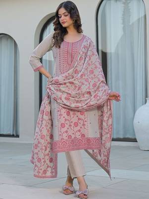 Beige Cotton Ethnic Motifs Embroidered Regular Thread Work Kurta with Trousers & With Dupatta 6