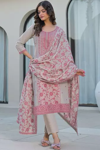 Beige Cotton Ethnic Motifs Embroidered Regular Thread Work Kurta with Trousers & With Dupatta