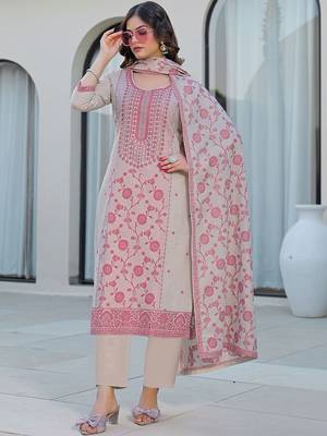 Beige Cotton Ethnic Motifs Embroidered Regular Thread Work Kurta with Trousers & With Dupatta 7