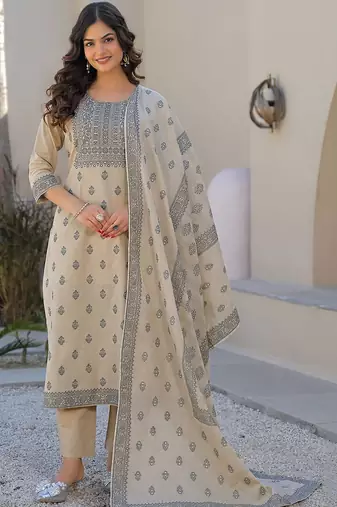 Cream Cotton Ethnic Motifs Embroidered Regular Thread Work Kurta with Trousers & With Dupatta