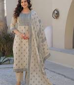 Cream Cotton Ethnic Motifs Embroidered Regular Thread Work Kurta with Trousers & With Dupatta