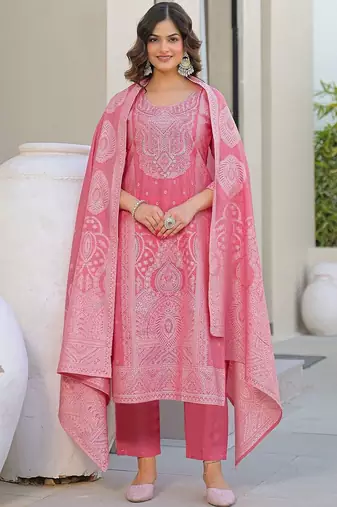 Baby Pink Cotton Ethnic Motifs Embroidered Regular Thread Work Kurta with Trousers & With Dupatta