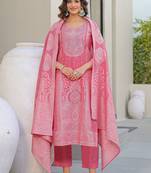 Baby Pink Cotton Ethnic Motifs Embroidered Regular Thread Work Kurta with Trousers & With Dupatta