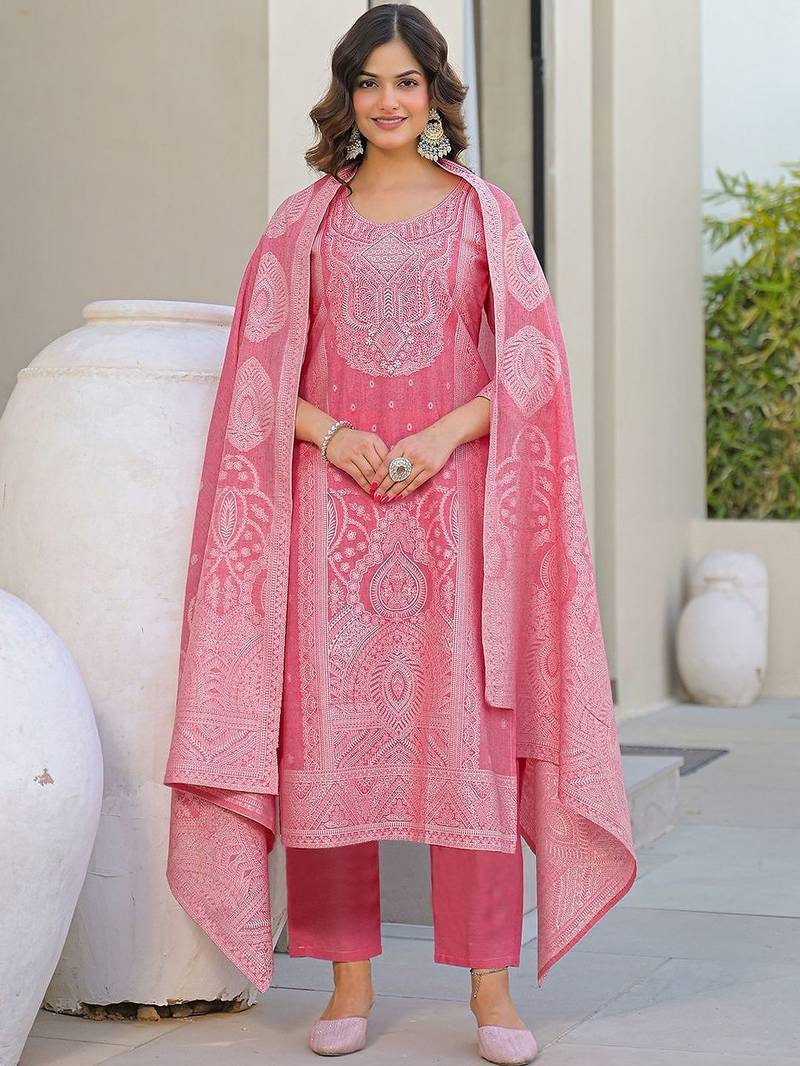 Baby Pink Cotton Ethnic Motifs Embroidered Regular Thread Work Kurta with Trousers & With Dupatta